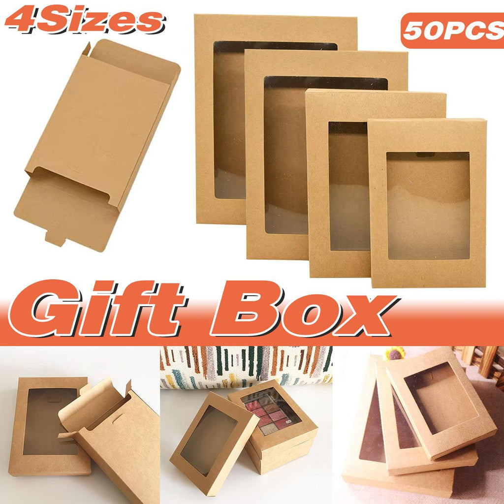 50PCS Kraft Paper Gift Boxes with PVC Window White Black Bakery Packaging Carton - XL