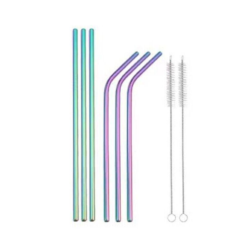 Reusable 304 Stainless Steel Straws Metal Drinking Washable Straw Brushes Set 2 - Purple Set 2