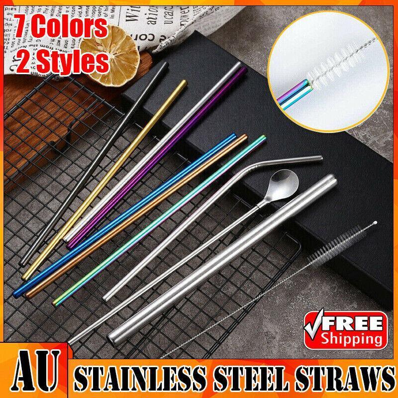 Reusable 304 Stainless Steel Straws Metal Drinking Washable Straw Brushes Set 2 - Rainbow Set 2