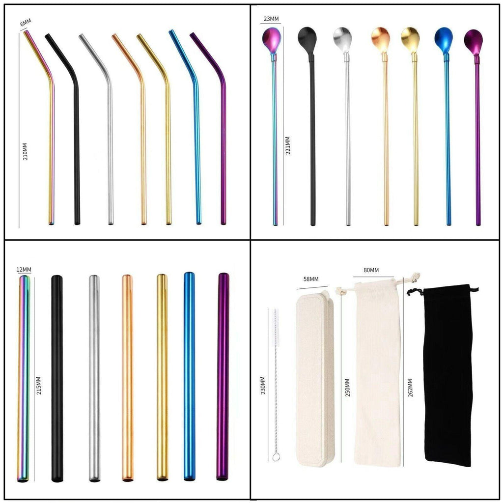 Reusable 304 Stainless Steel Straws Metal Drinking Washable Straw Brushes Set 2 - Silver Set 2