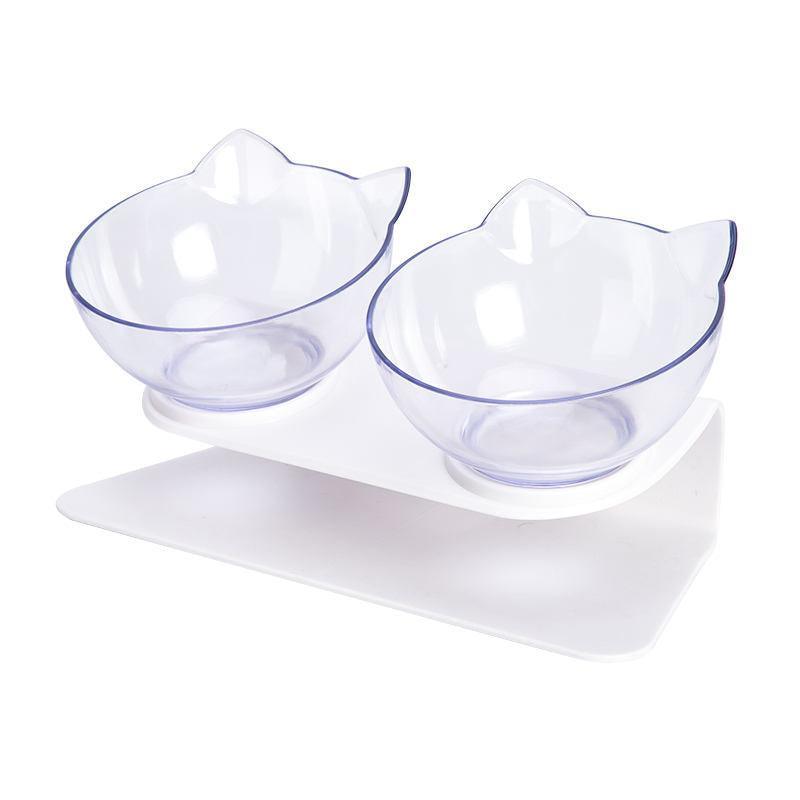 Double Cat Dog Bowl Elevated Pet Feeder Stand Raised Food Water Feeding Dish - Black+Transparency