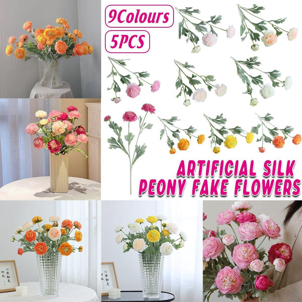 5pcs Artificial Peony Silk Flowers Bouquet Decor Faux Floral Arrangements - Purple Red