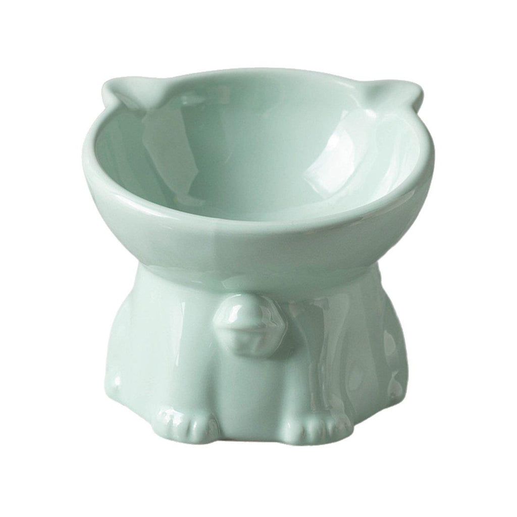 Ceramic Cat Bowl Cute Tall Raised Cat Food Bowl for Pets Eating Comfortably - Green
