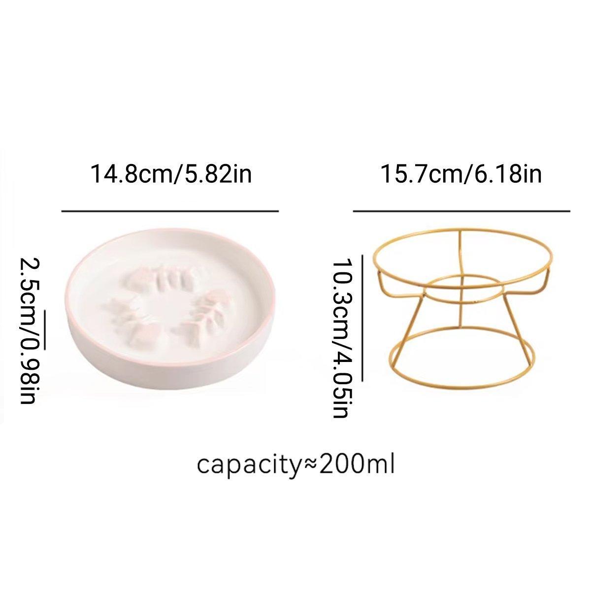 Ceramic Cat Bowl Slow Feeder Pet Food Tray for Cats and Dogs Non Slip Design - White Bowl-Gold Tray Rack