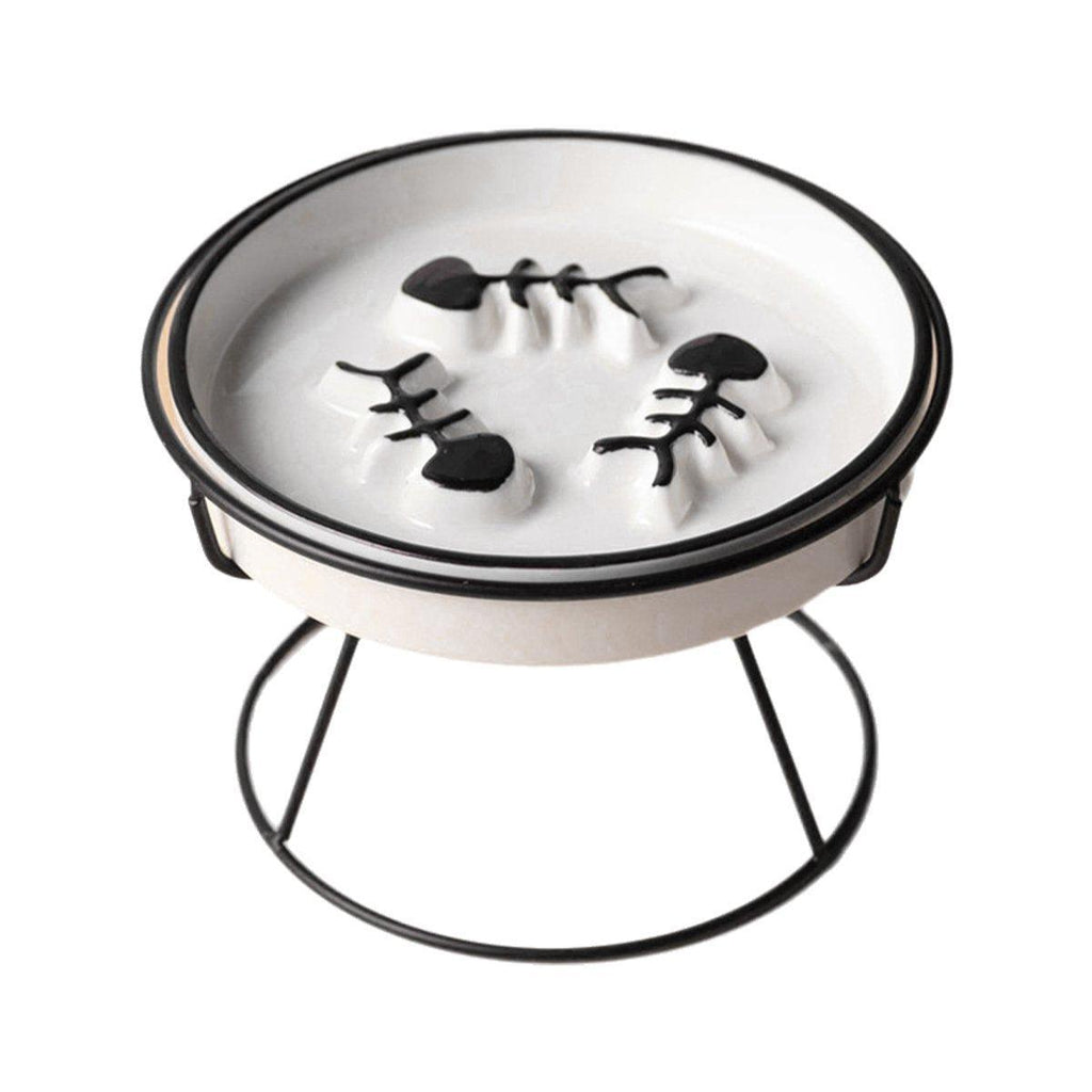 Ceramic Cat Bowl Slow Feeder Pet Food Tray for Cats and Dogs Non Slip Design - White Bowl-Gold Tray Rack