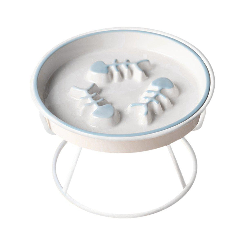 Ceramic Cat Bowl Slow Feeder Pet Food Tray for Cats and Dogs Non Slip Design - White Bowl-Gold Tray Rack