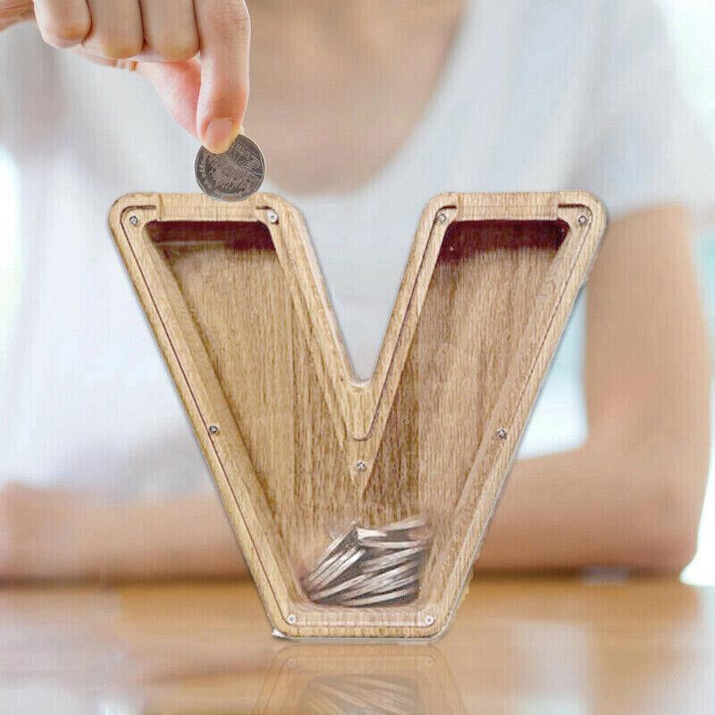 Wooden Piggy Bank Funny Letter or Guitar Coin Saving Money Box A–Z Gift Idea - D