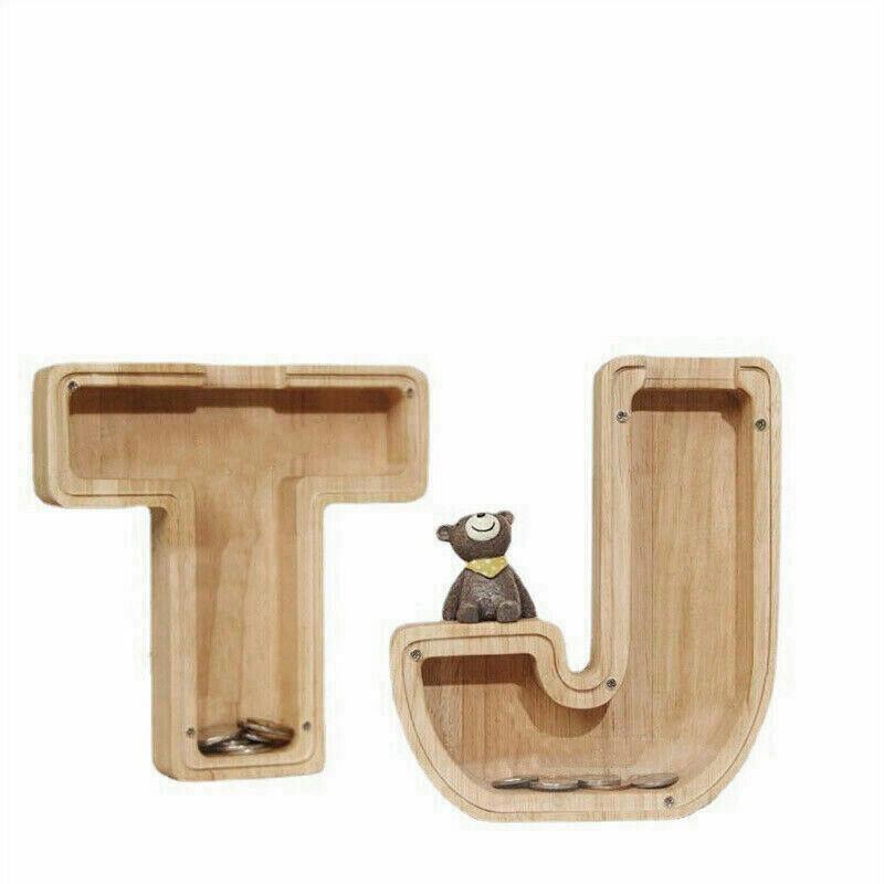 Wooden Piggy Bank Funny Letter or Guitar Coin Saving Money Box A–Z Gift Idea - D