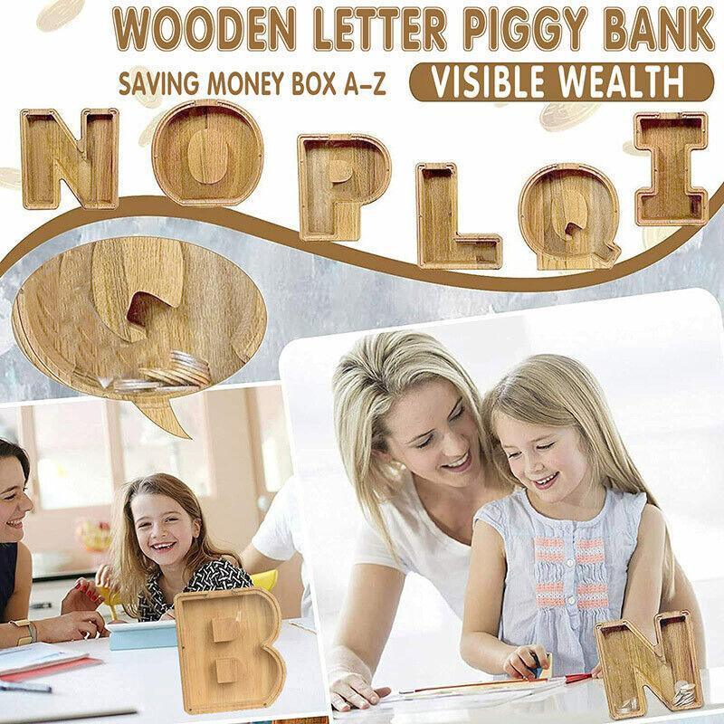 Wooden Piggy Bank Funny Letter or Guitar Coin Saving Money Box A–Z Gift Idea - P