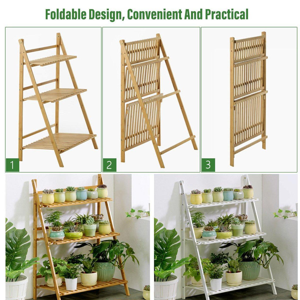 Balcony Plant Stand 3-Layer Wooden Flower Pot Corner Stand White Log Foldable - White