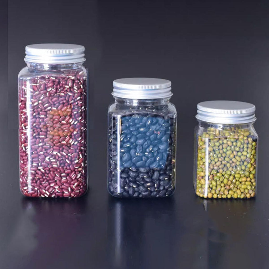 20pcs Square Transparent Plastic Bottle with Aluminum Cap Sealed Jar for Food - 550ml