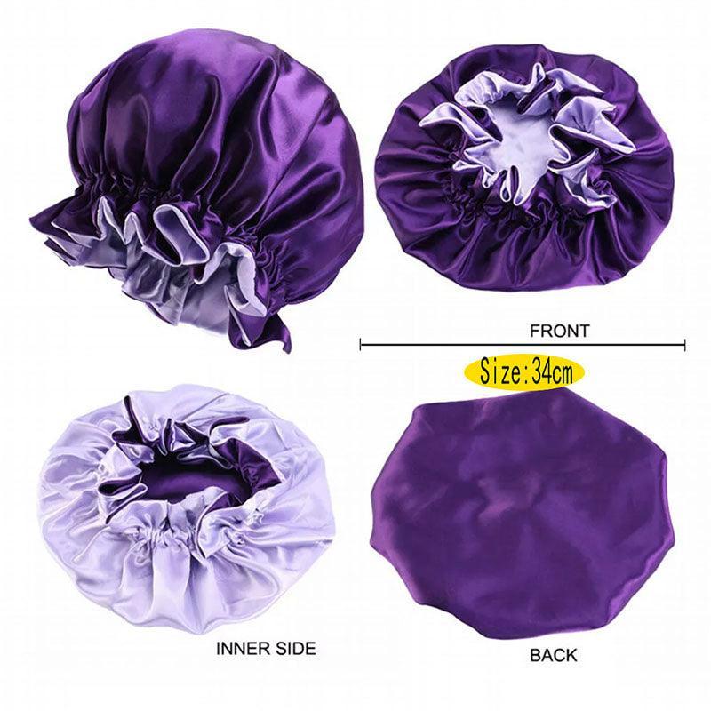 Womens Satin Sleep Cap Bonnet Elastic Wide Band Hair Sleeping Hat - Purple