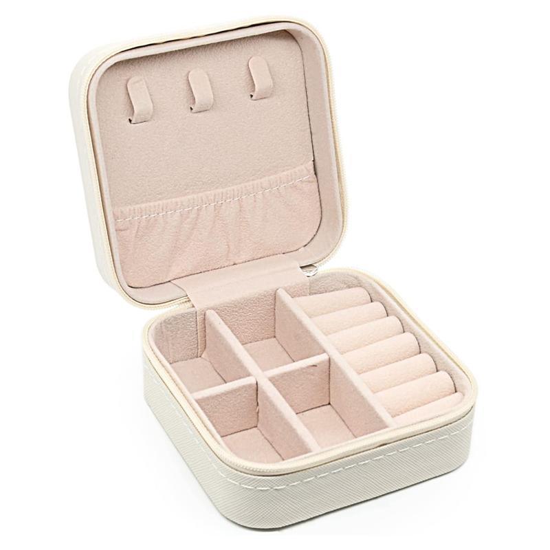 Travel Jewelry Organizer Box Portable Leather Storage Ornaments Ring Earrings - Beige (10x10x5cm)