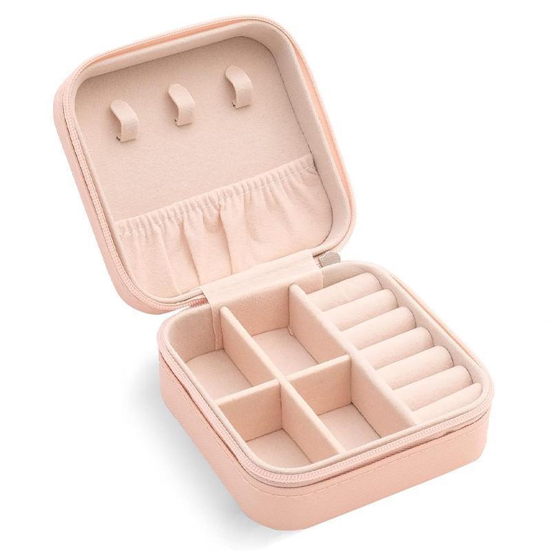 Travel Jewelry Organizer Box Portable Leather Storage Ornaments Ring Earrings - Beige (10x10x5cm)