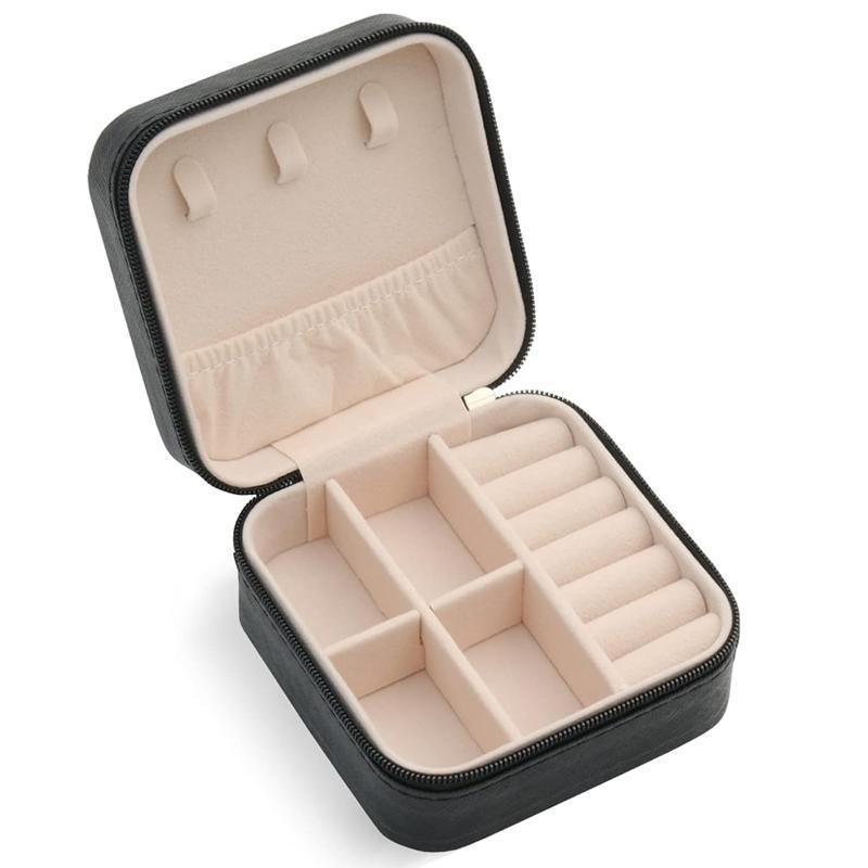 Travel Jewelry Organizer Box Portable Leather Storage Ornaments Ring Earrings - Beige (10x10x5cm)