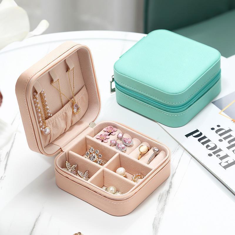 Travel Jewelry Organizer Box Portable Leather Storage Ornaments Ring Earrings - Green (10x10x5cm)