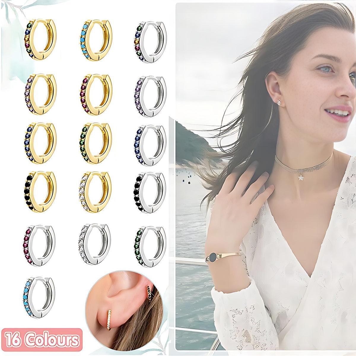 925 Sterling Silver Gold Rings Plated Cubic Crystal Cuff Huggie Hoop Earrings Au - Gold-Blue Crystal