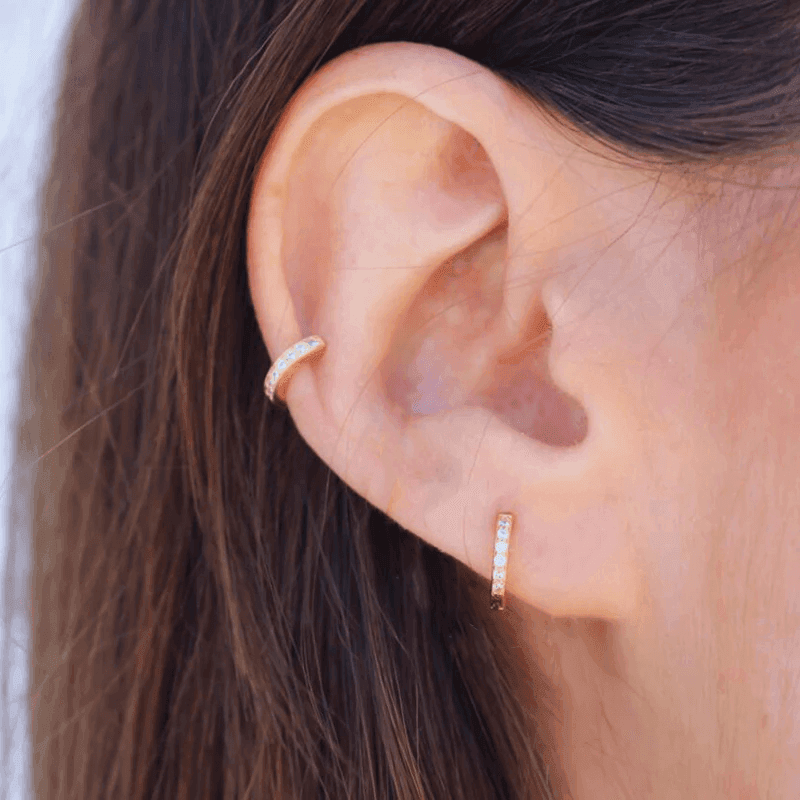 925 Sterling Silver Gold Rings Plated Cubic Crystal Cuff Huggie Hoop Earrings Au - Gold-Clear Crystal