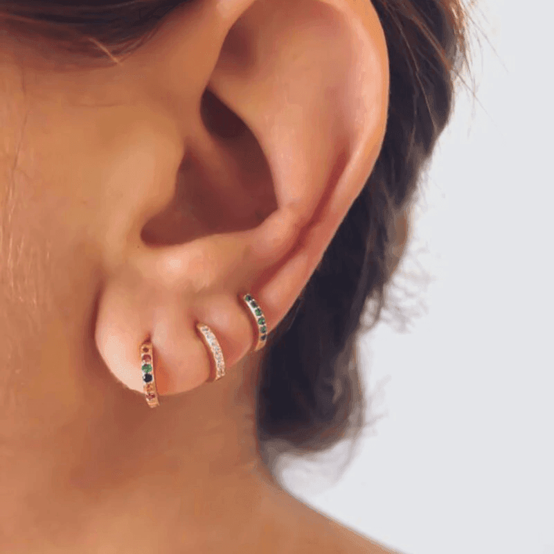 925 Sterling Silver Gold Rings Plated Cubic Crystal Cuff Huggie Hoop Earrings Au - Silver-Red Crystal