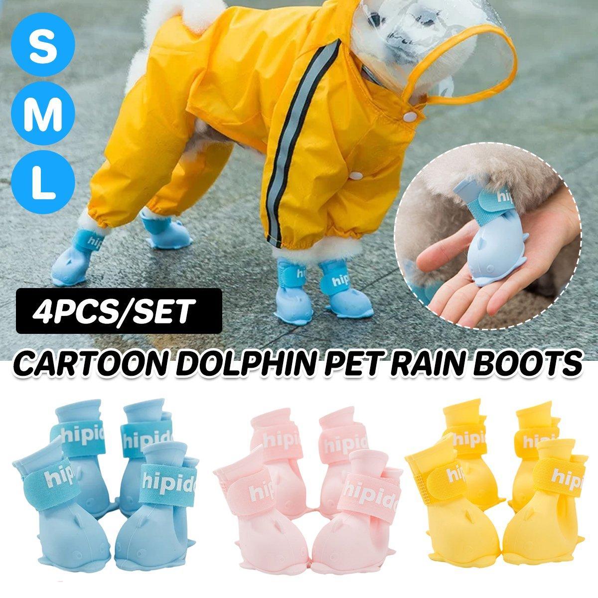 4pcs Cartoon Pet Rain Boots Waterproof Non-Slip Wear-Resistant Shoes for Dogs - Blue - L