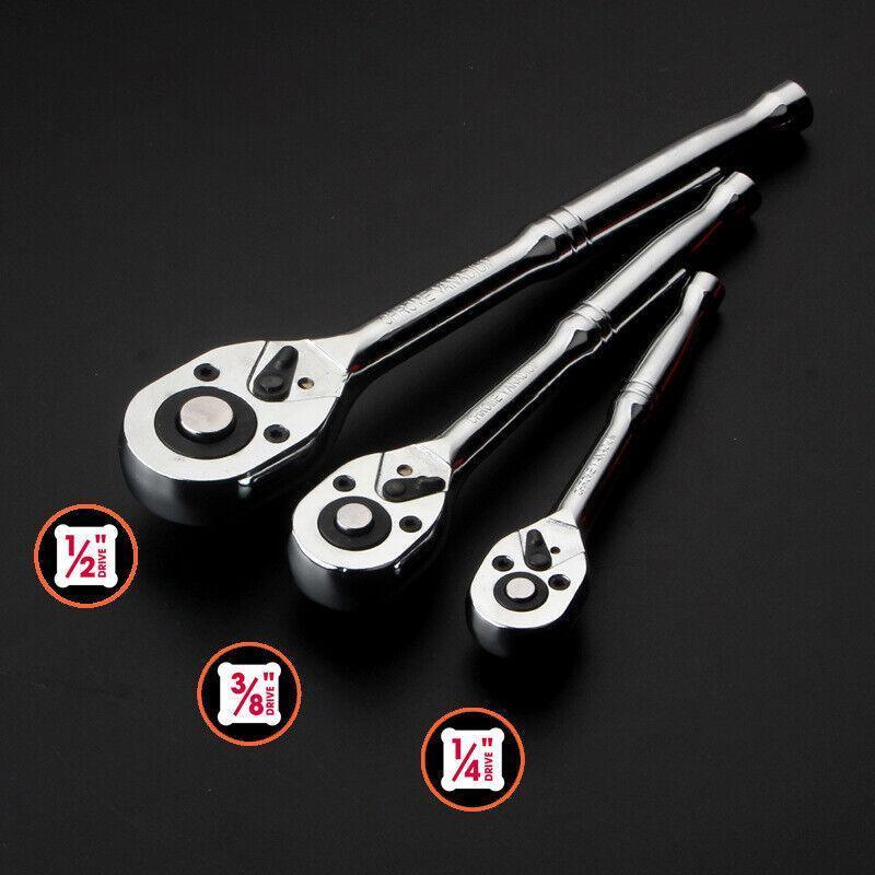 Quick Release Ratchet Handle 1/4 inch 3/8 inch 1/2 inch Drive Reversible Socket Wrench - 12x150x27mm