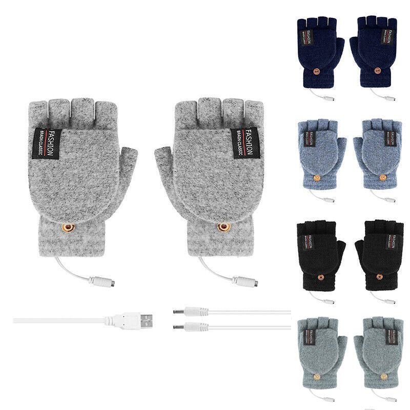 USB Heated Half Finger Gloves Winter Warm Knitted Gloves for Typing and Office Use - Blue