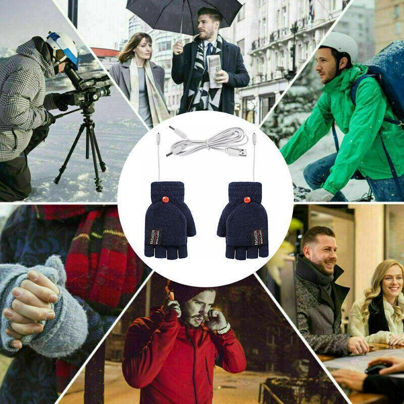 USB Heated Half Finger Gloves Winter Warm Knitted Gloves for Typing and Office Use - Blue