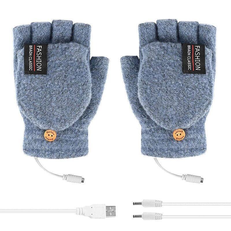 USB Heated Half Finger Gloves Winter Warm Knitted Gloves for Typing and Office Use - Blue