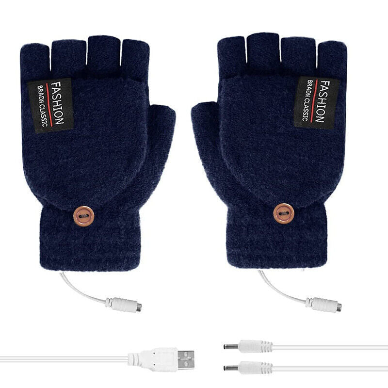USB Heated Half Finger Gloves Winter Warm Knitted Gloves for Typing and Office Use - Blue