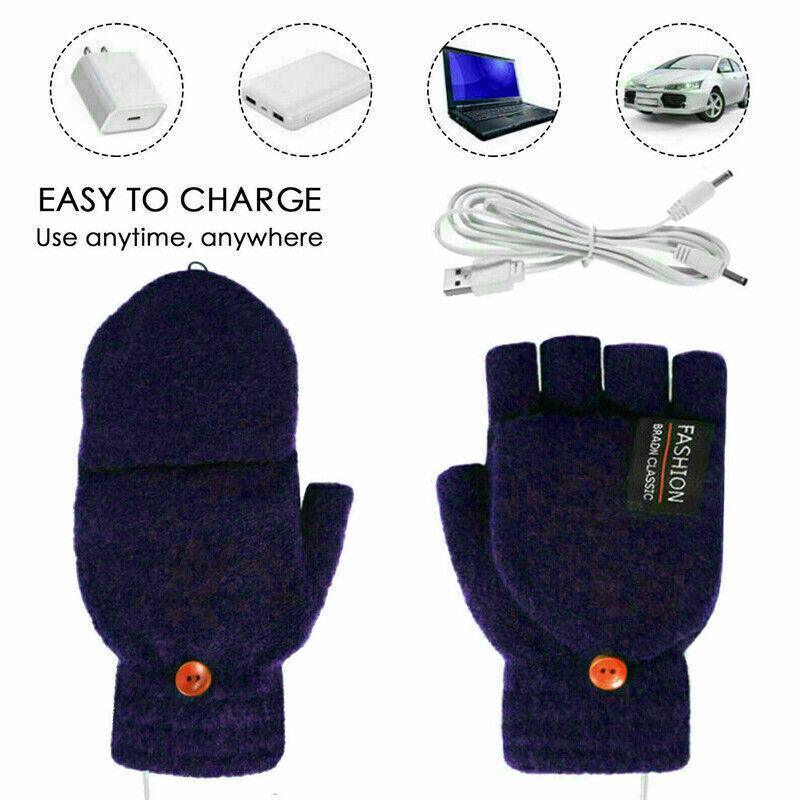 USB Heated Half Finger Gloves Winter Warm Knitted Gloves for Typing and Office Use - Grey