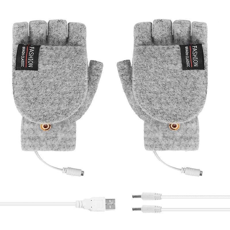USB Heated Half Finger Gloves Winter Warm Knitted Gloves for Typing and Office Use - Grey