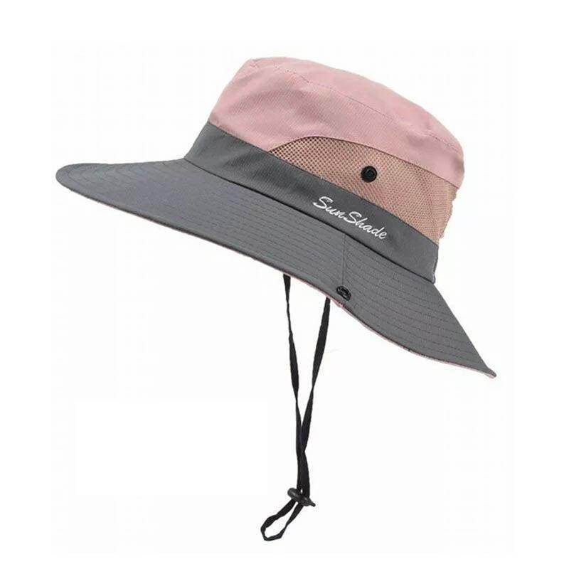 Women Wide Brim Ponytail Hat Sun Protect Visor Summer Beach Cap Anti Uv Floppy - Red