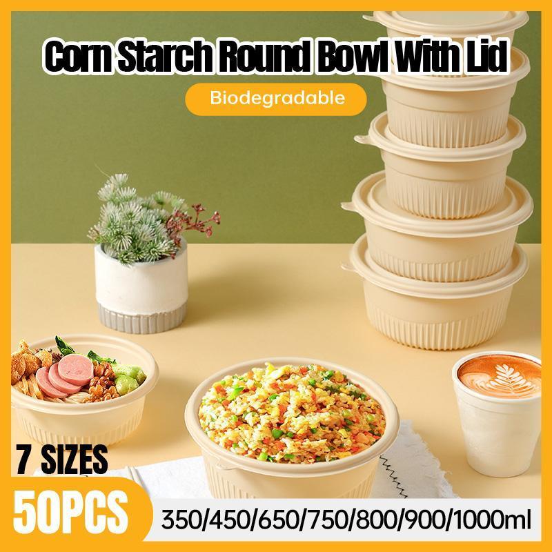 50PCS Biodegradable Corn Starch Lunch Box Round Takeout Containers Eco Friendly - 450ml