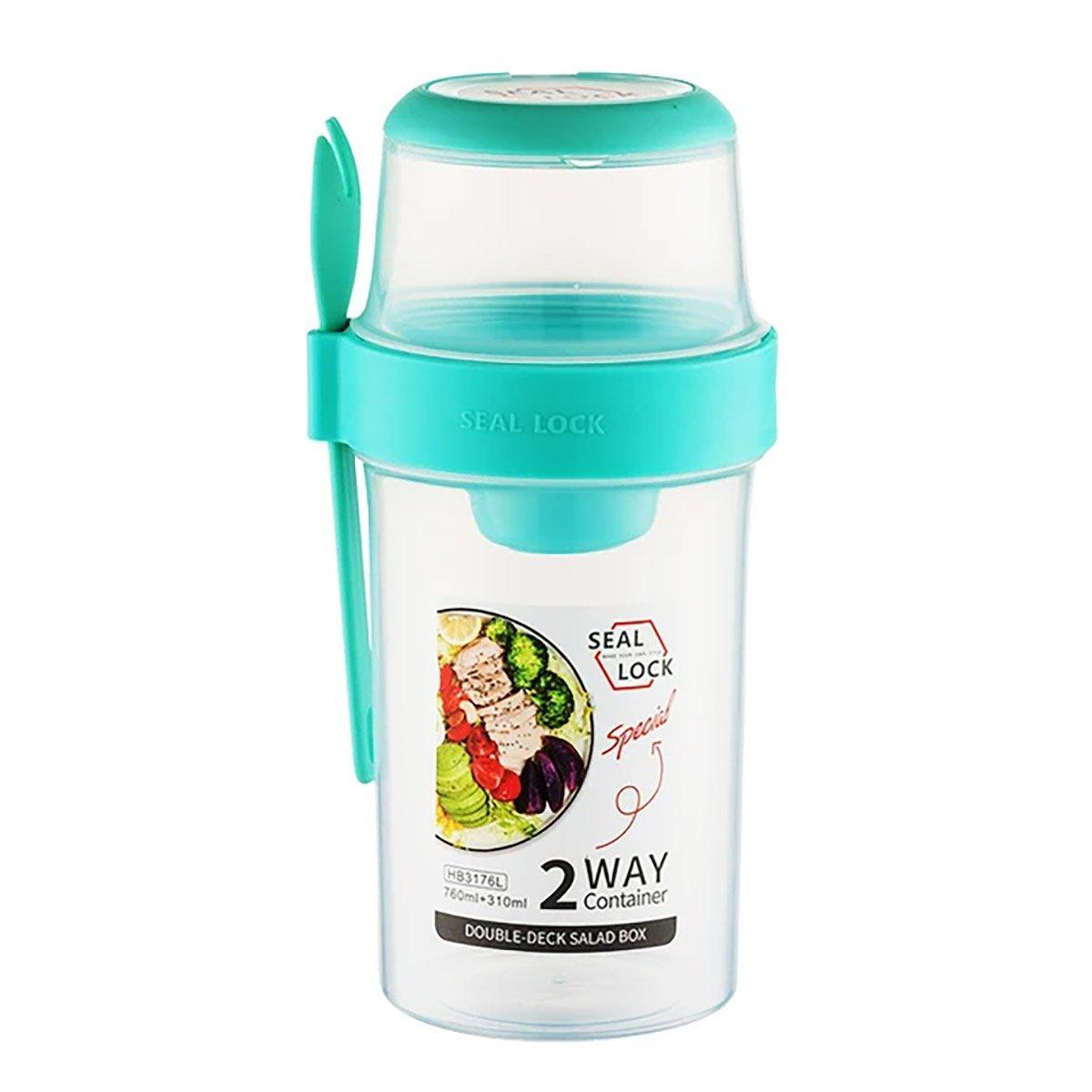 Double Plastic Salad Cup with Fork Sealed Breakfast Container for On-the-Go Meal - 560ml-Pink