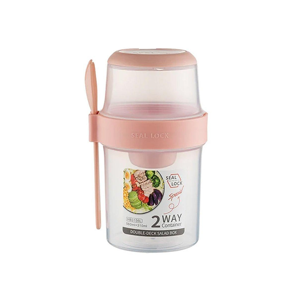 Double Plastic Salad Cup with Fork Sealed Breakfast Container for On-the-Go Meal - 760ml-Pink