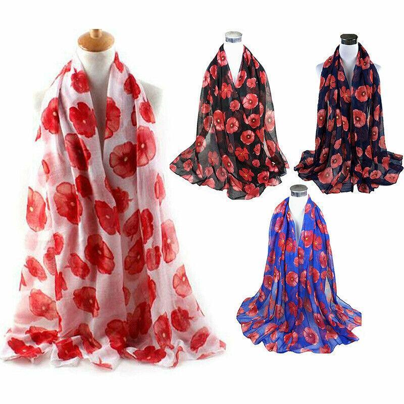 Women Ladies Poppy Print Floral Scarf Remembrance Day Poppies Scarves Wrap Shawl - White