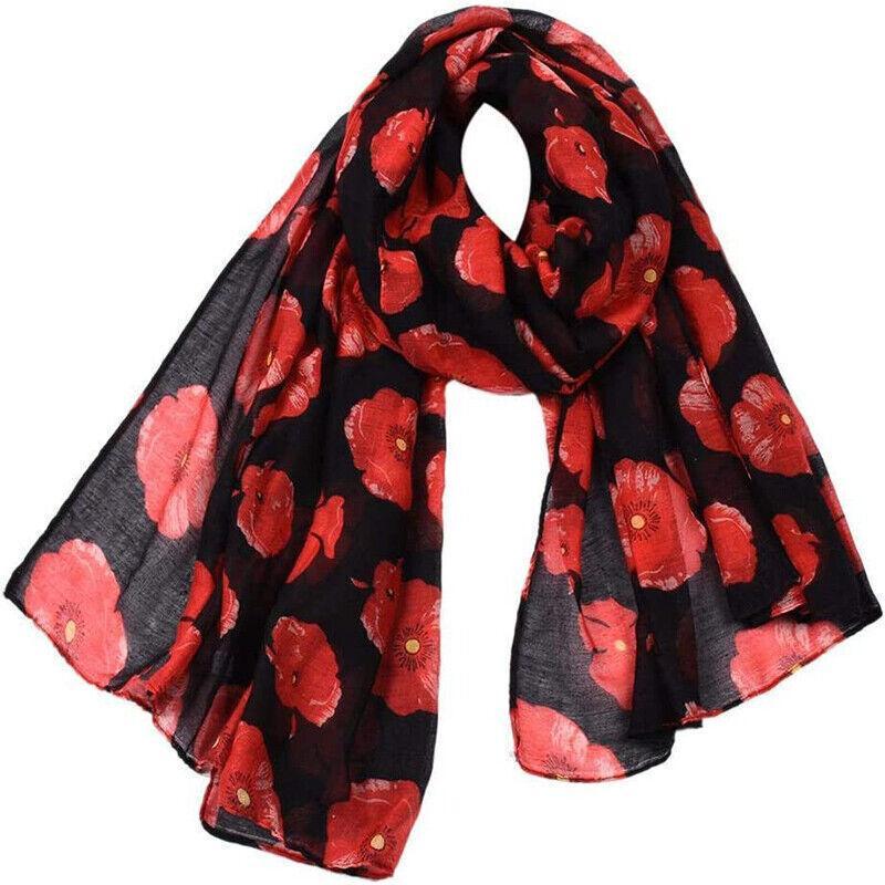 Women Ladies Poppy Print Floral Scarf Remembrance Day Poppies Scarves Wrap Shawl - White