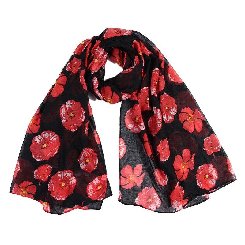 Women Ladies Poppy Print Floral Scarf Remembrance Day Poppies Scarves Wrap Shawl - White