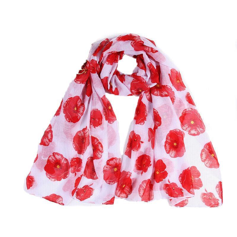 Women Ladies Poppy Print Floral Scarf Remembrance Day Poppies Scarves Wrap Shawl - White
