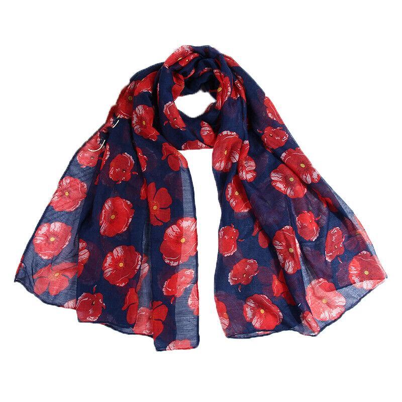 Women Ladies Poppy Print Floral Scarf Remembrance Day Poppies Scarves Wrap Shawl - White