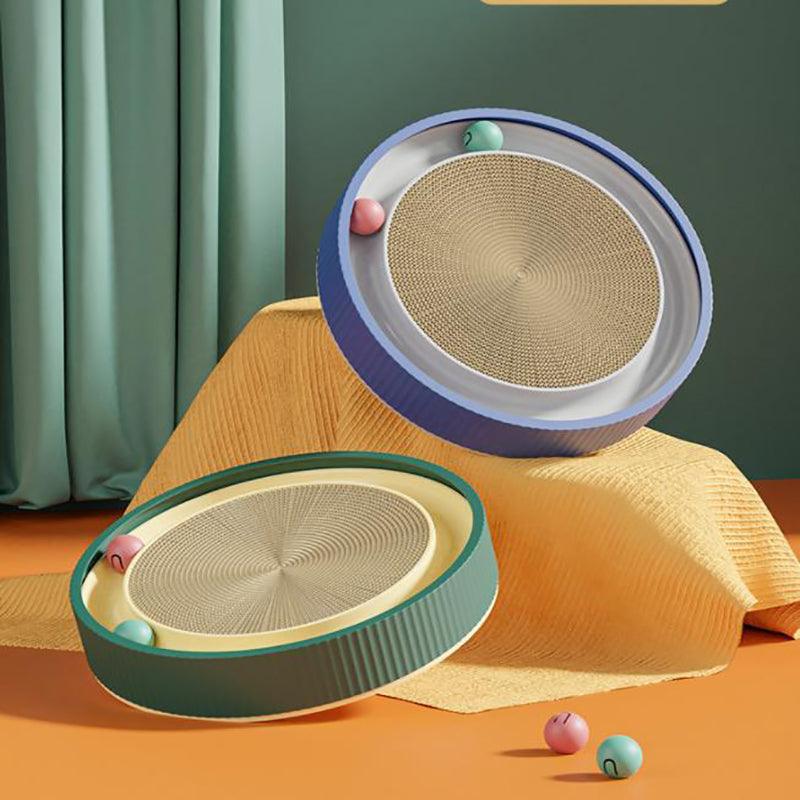 Cat Scratcher Lounge Bed Toy 40cm Round Foldable Cardboard Pad with Ball Track - Green