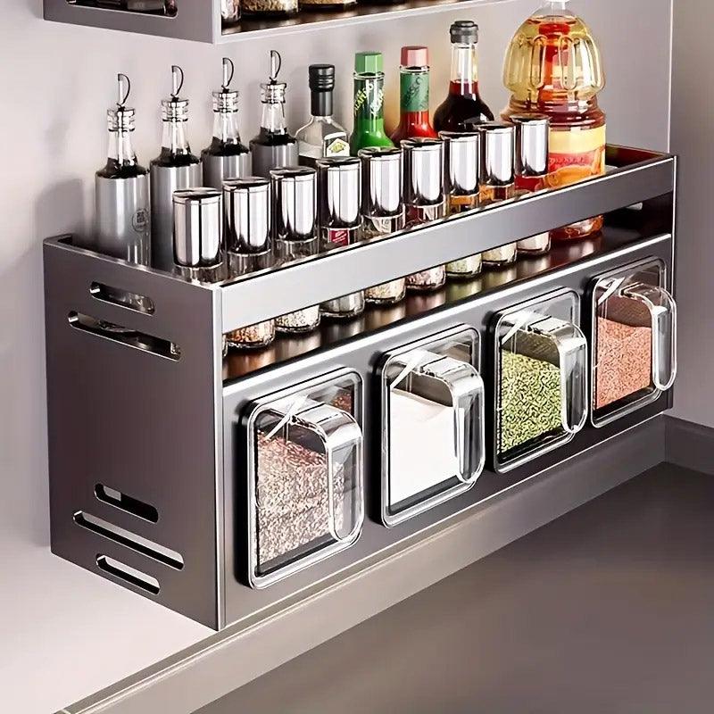 Wall Mounted Kitchen Spice Box Shelf Multifunctional Organiser for Herbs Spices - 4-Grids
