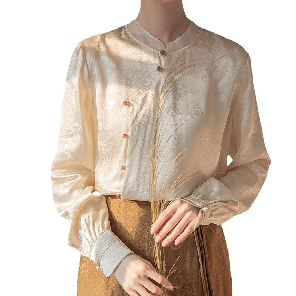 New Chinese Style Womens Top Stand-up Collar Long Sleeve Elegant Fashion Shirt - L