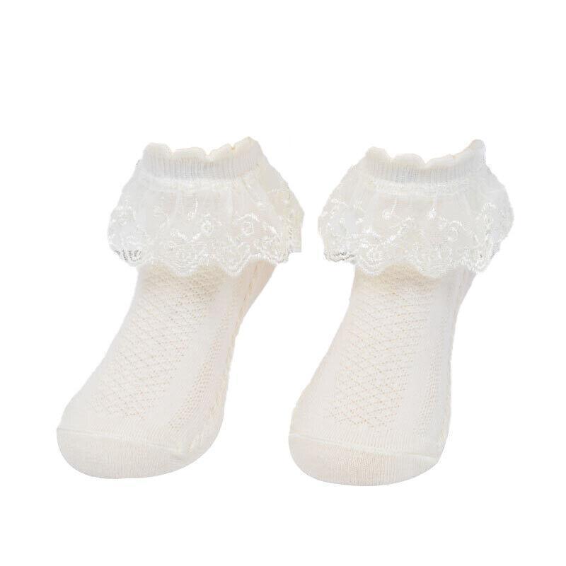 Lace Ruffle Frilly Short Socks for Girls Ankle Length M Size Fits 4-6 Years - White