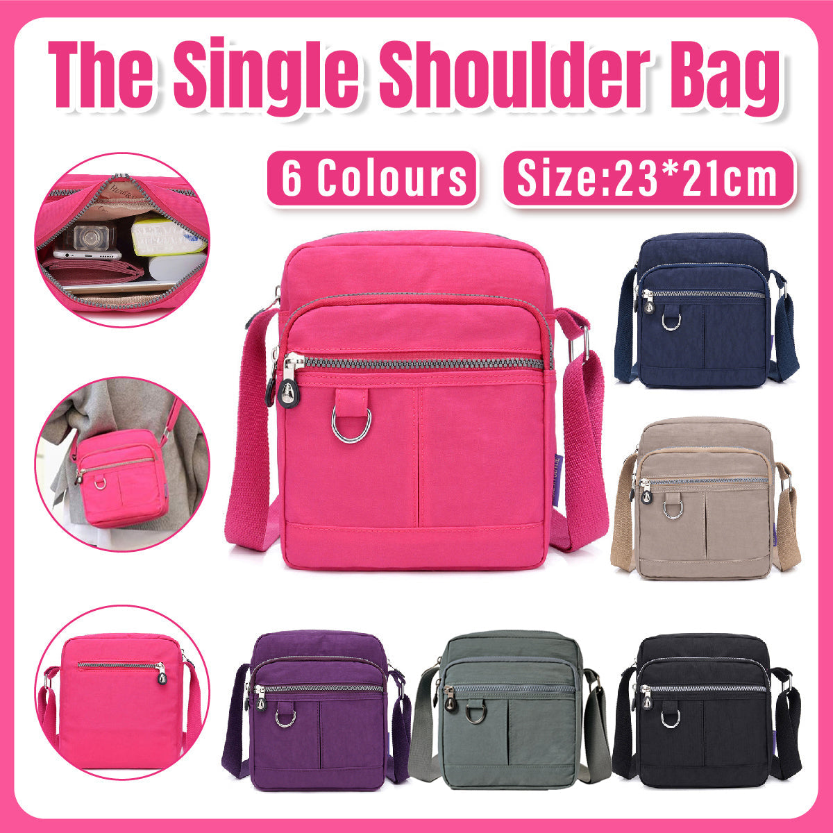 Ladies Shoulder Bag Nylon Fabric Lightweight Crossbody Small Casual Handbag - Grey