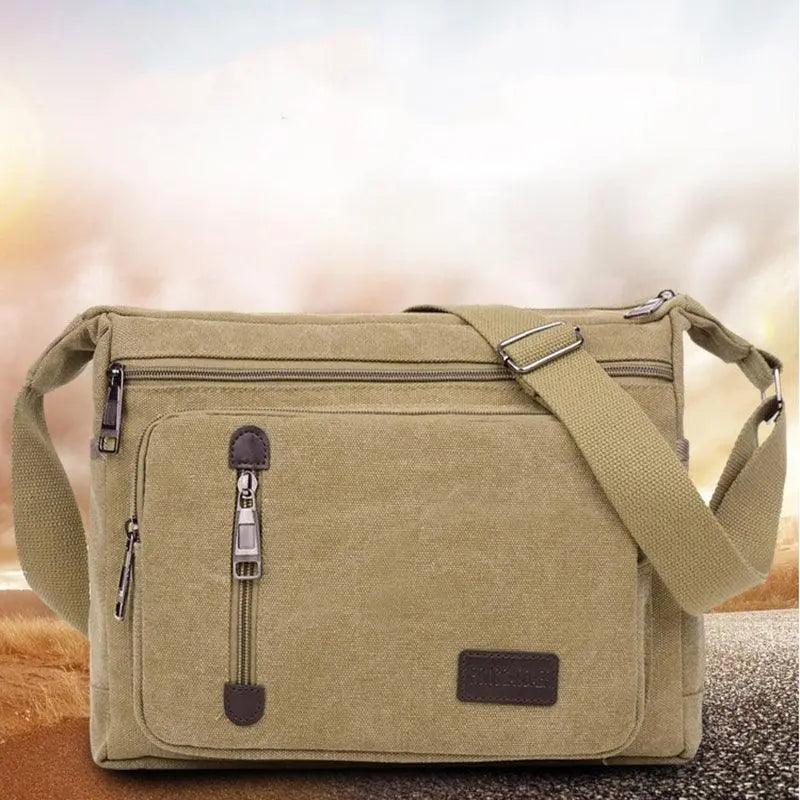 Retro Canvas Messenger Shoulder Bag for Men Travel Crossbody Satchel with Zippers - Khaki