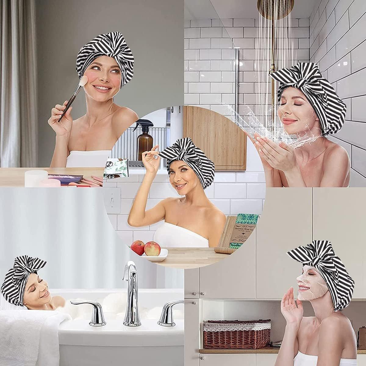 Woman Shower Cap Reusable Long Hair Large Turban Bathroom Waterproof Hair Cap - Black Background