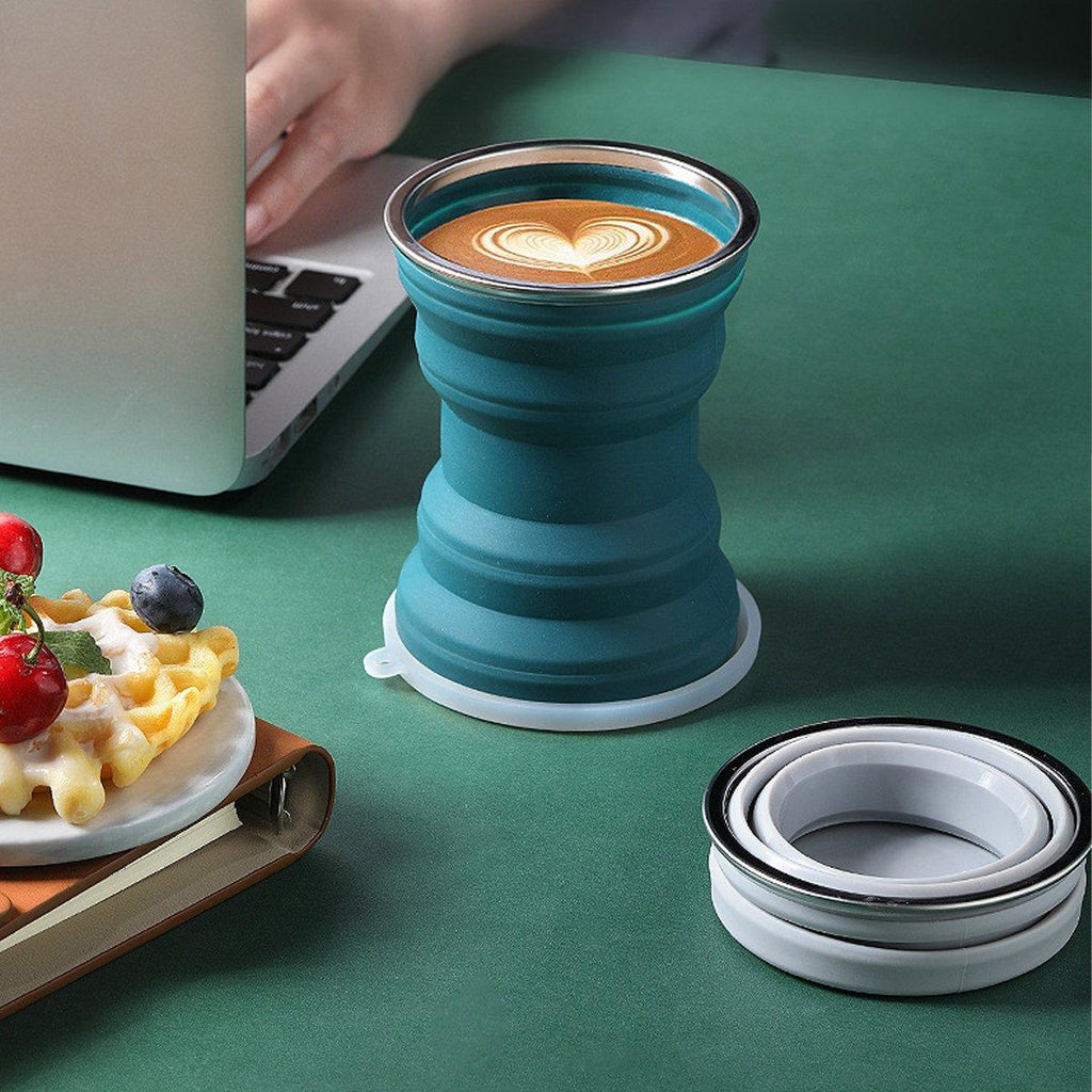 Silicone Folding Travel Mug Portable Retractable Collapsible Mug Outdoor Camping - Grey Lake Blue