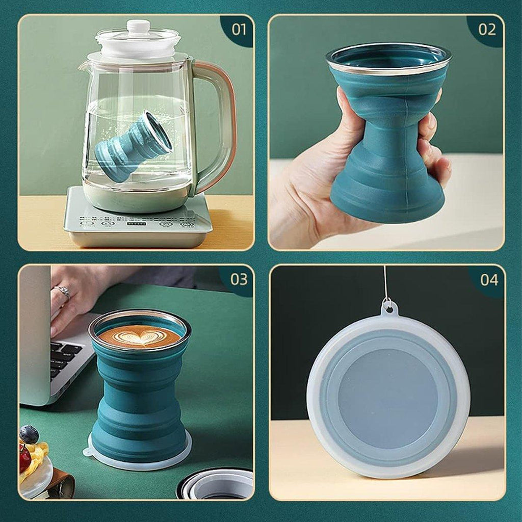 Silicone Folding Travel Mug Portable Retractable Collapsible Mug Outdoor Camping - Grey Lake Blue
