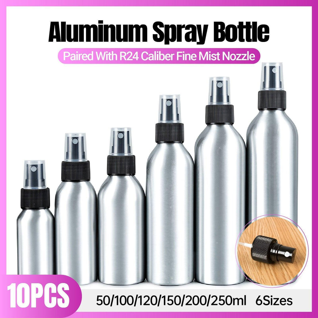 10pcs Travel Size Refillable Aluminum Spray Bottles Toner Cleaning Solution Mist - 10pcs-250ml